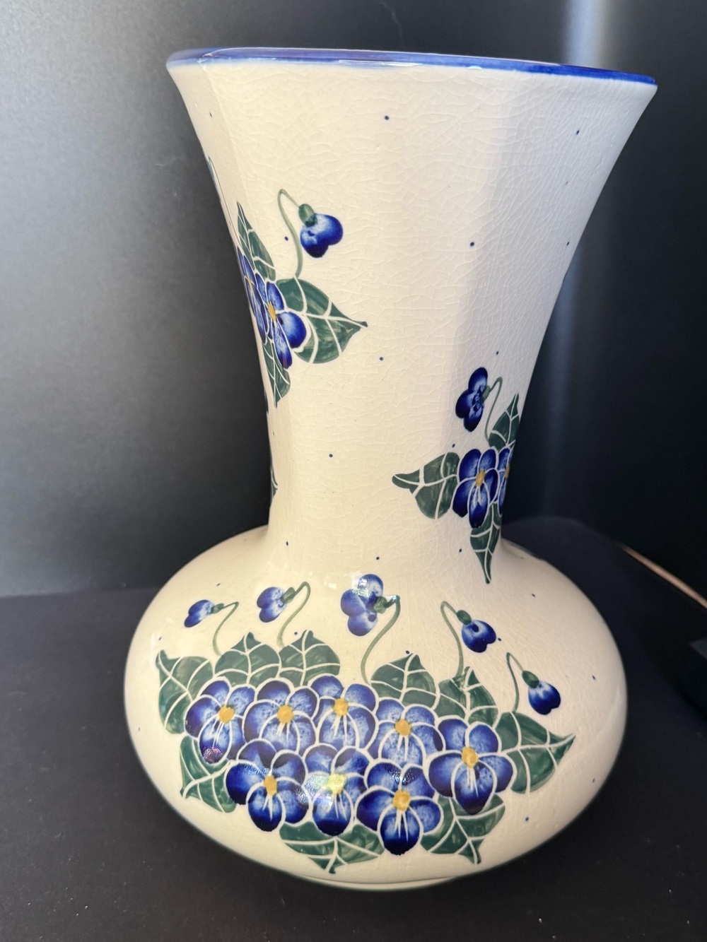 W R Unikat Polish Pottery Vase Blue Flowers and Greenery Crazing